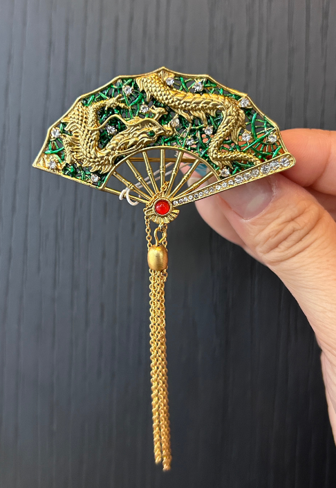 Chinese Dragon Fan Brooch Green Enamel Gold Dragon Tassel Pin Vintage Palace Brooch