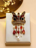 Lion Dance Head Brooch Red Agate Pearl Tassel Pin Chinese Festival Brooch