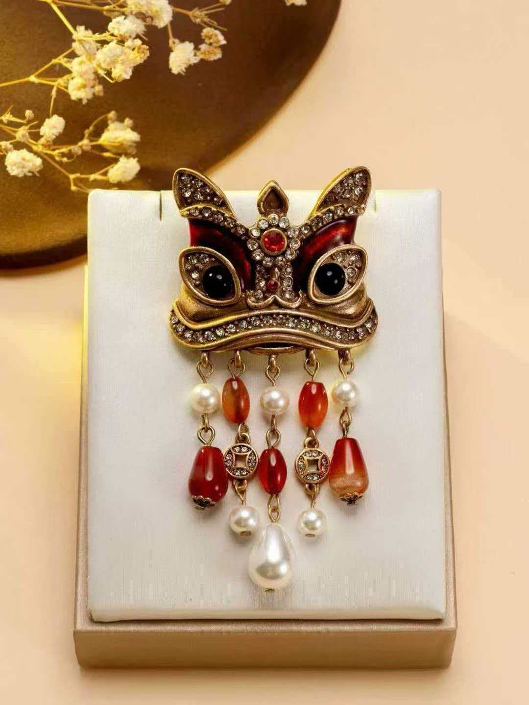 Lion Dance Head Brooch Red Agate Pearl Tassel Pin Chinese Festival Brooch