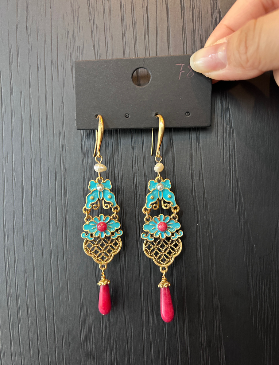 Chinese Enamel Butterfly Flower Earrings Red Teardrop Pearl Dangle Earrings Vintage Palace Earrings