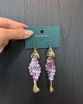 Koi Fish Purple Sequin Scale Earrings Gold Fish Head Tassel Dangle Earrings Lucky Carp Earrings