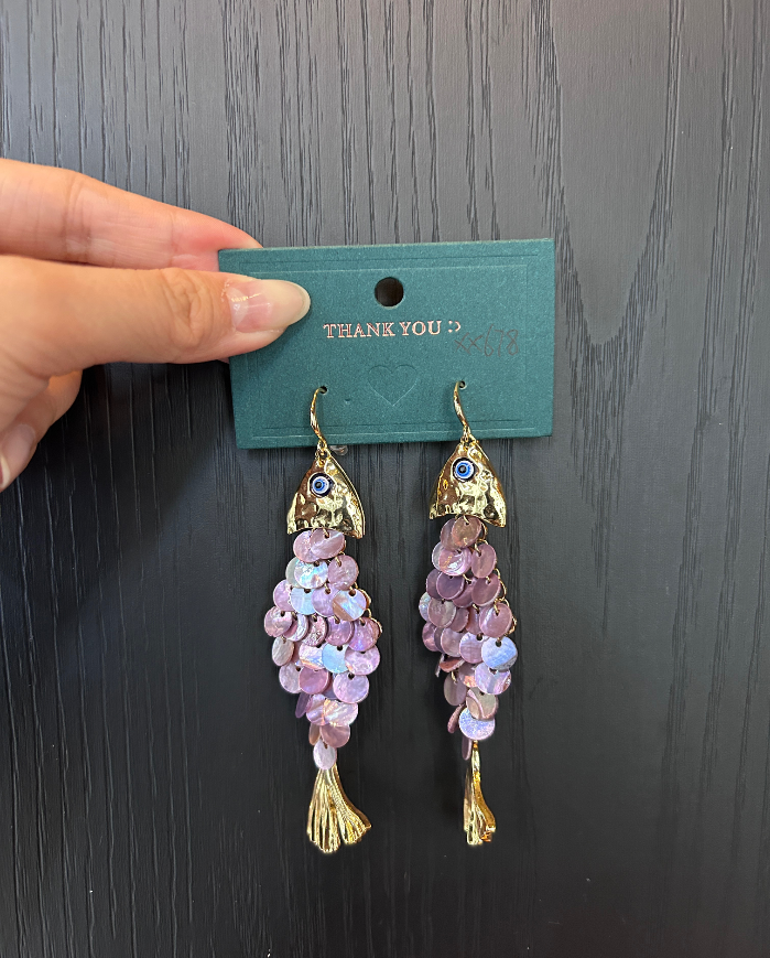 Koi Fish Purple Sequin Scale Earrings Gold Fish Head Tassel Dangle Earrings Lucky Carp Earrings