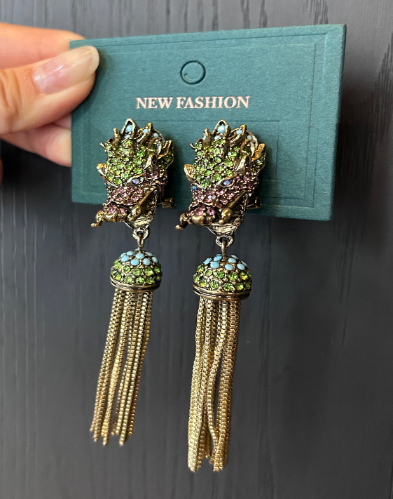 Lion Dance Green Crystal Lion Head Earrings Gold Tassel Dangle Earrings Traditional Festival Earrings