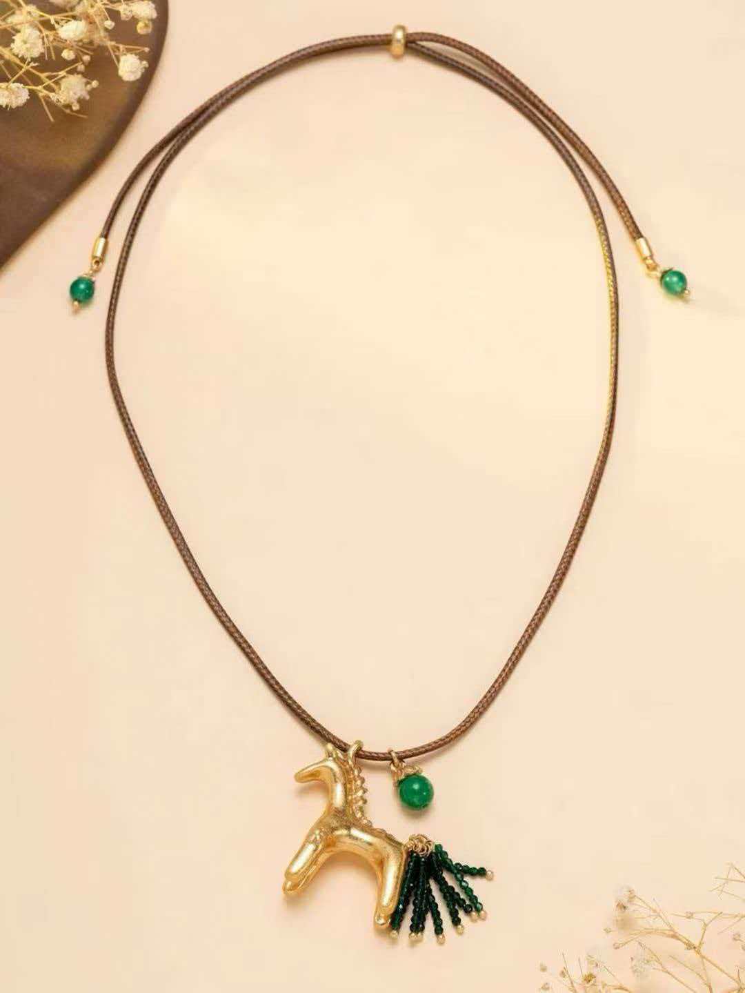Vintage Horse Pendant Necklace Green Tassel Brown Cord Necklace Bohemian Animal Charm Necklace