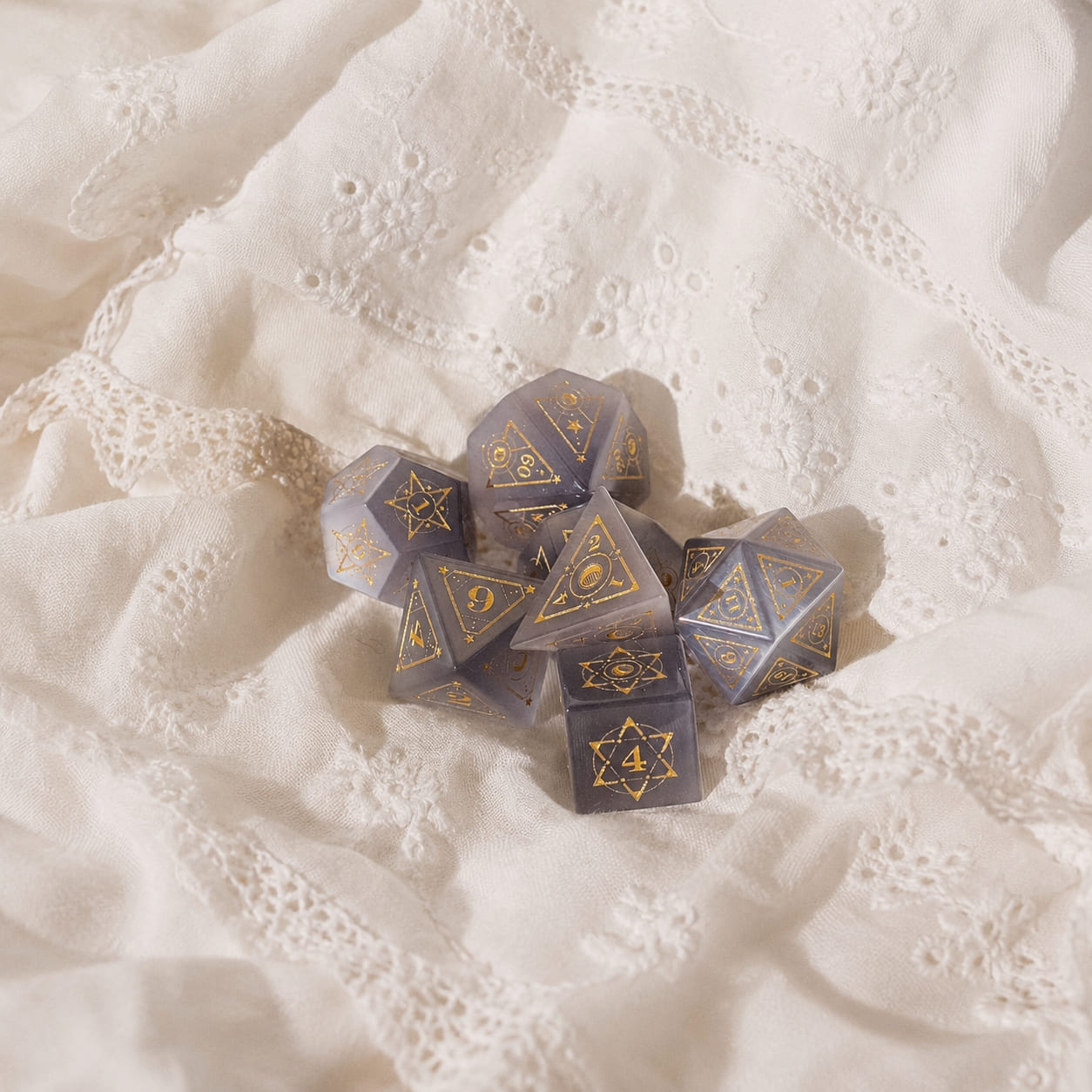 Gray Cat's Eye Gemstone Dice Set