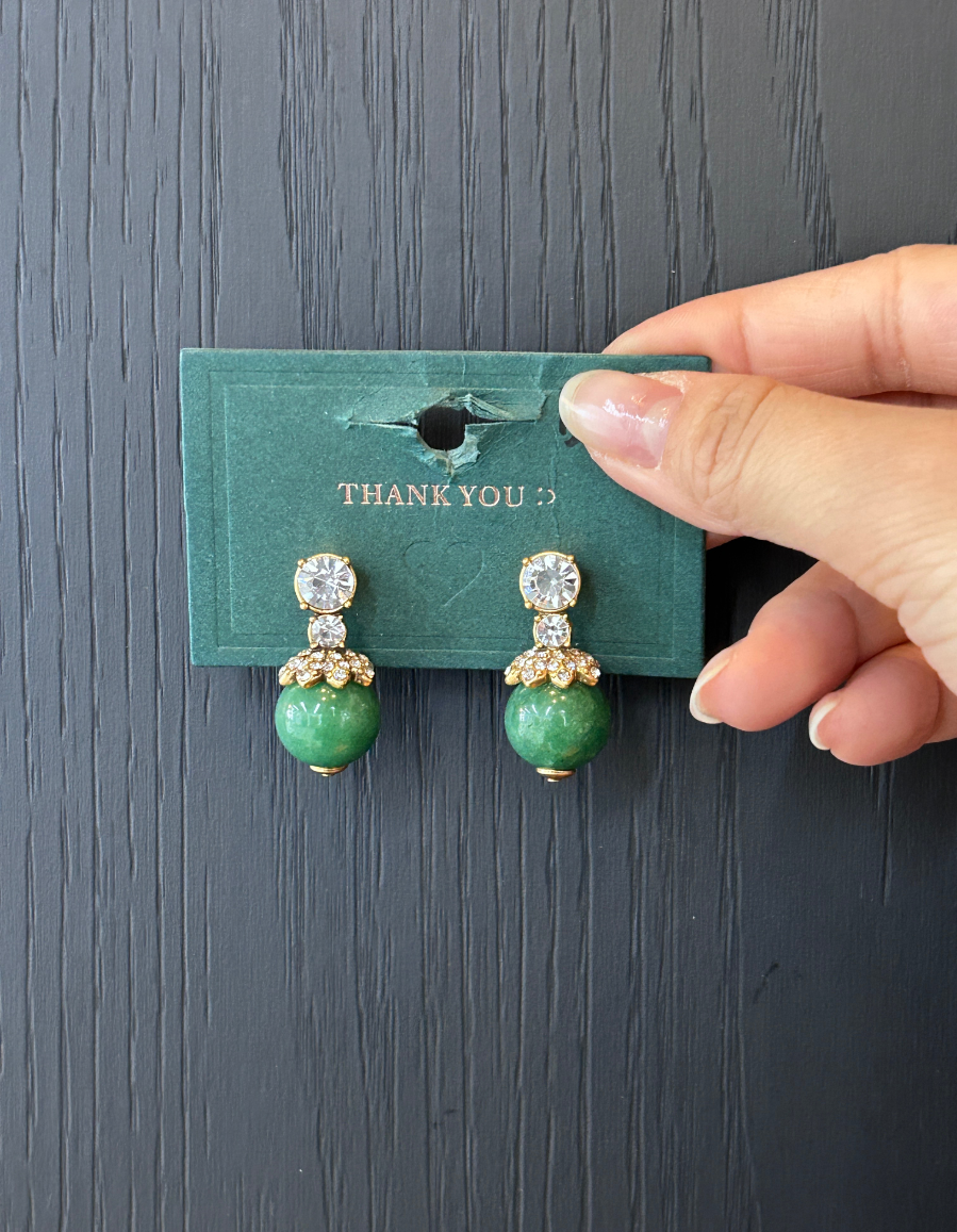 Vintage Palace Green Bead Drop Earrings Crystal Flower Cap Dangle Earrings Elegant Evening Earrings