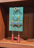 Chinese Enamel Blue Flower Earrings Red Teardrop Dangle Earrings Gold Filigree Drop Earrings