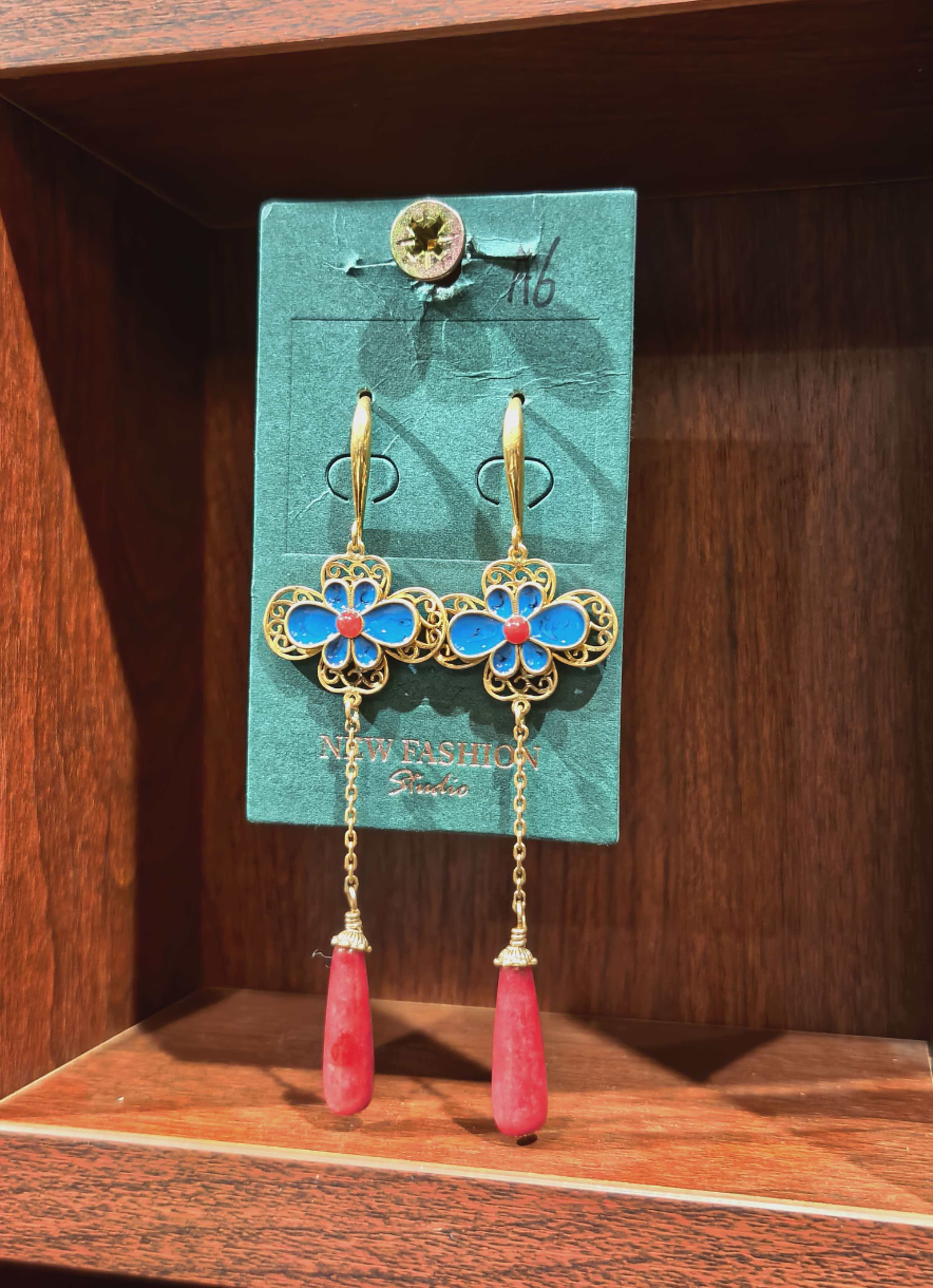 Chinese Enamel Blue Flower Earrings Red Teardrop Dangle Earrings Gold Filigree Drop Earrings