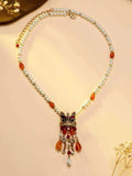 Chinese Lion Dance Pearl Necklace Red Agate Tassel Pendant Necklace Traditional Festival Charm Necklace