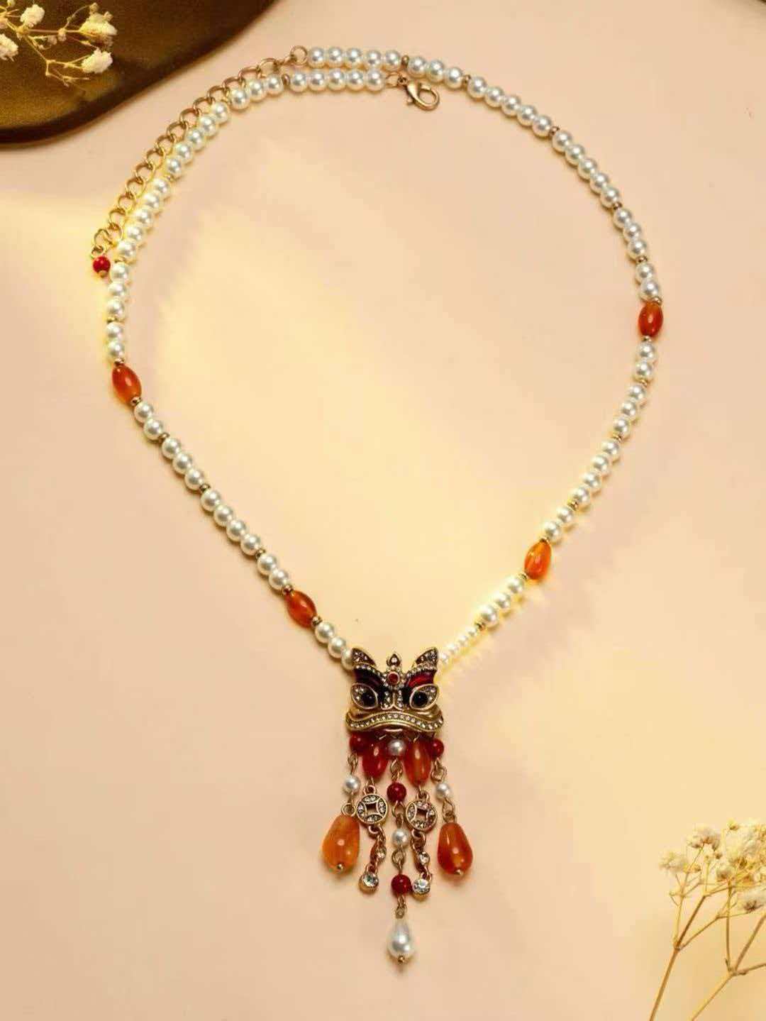 Chinese Lion Dance Pearl Necklace Red Agate Tassel Pendant Necklace Traditional Festival Charm Necklace