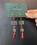 Chinese Enamel Blue Knot Earrings Red Bead Tassel Dangle Earrings Traditional Lucky Earrings