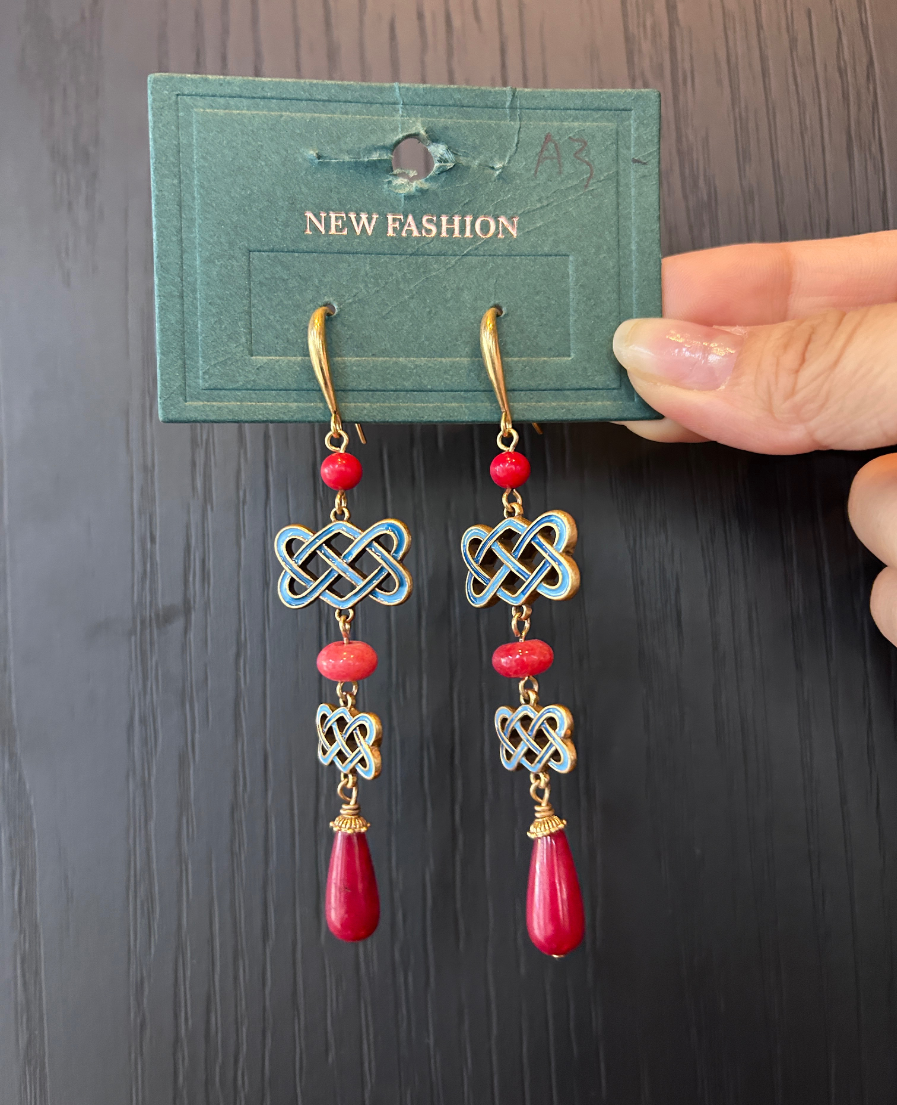 Chinese Enamel Blue Knot Earrings Red Bead Tassel Dangle Earrings Traditional Lucky Earrings
