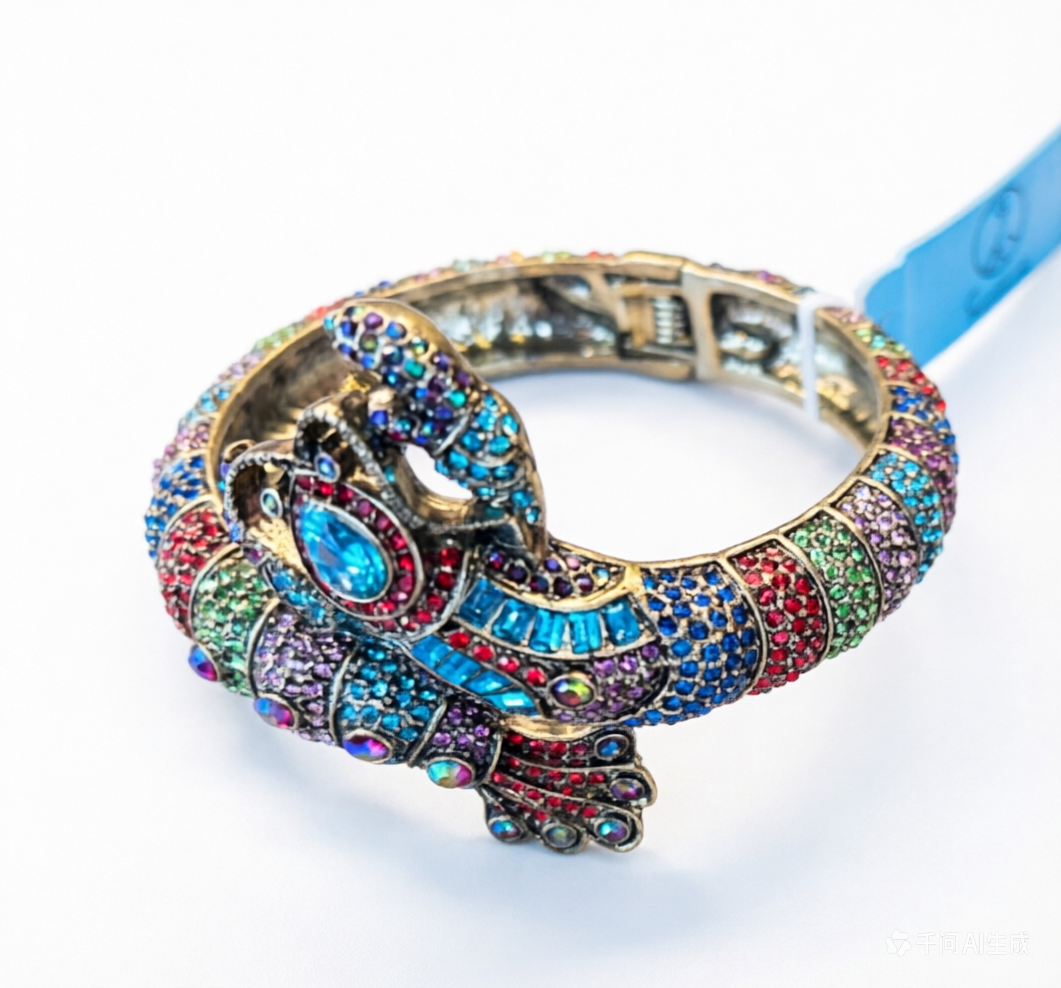 Vintage Peacock Cuff Bracelet Colorful Crystal Peacock Bangle Spring Hinge Bracelet Statement Animal Bracelet