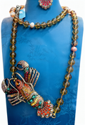 Vintage Lobster Pendant Necklace Crystal Rhinestone Statement Necklace Amber Bead Chain Necklace