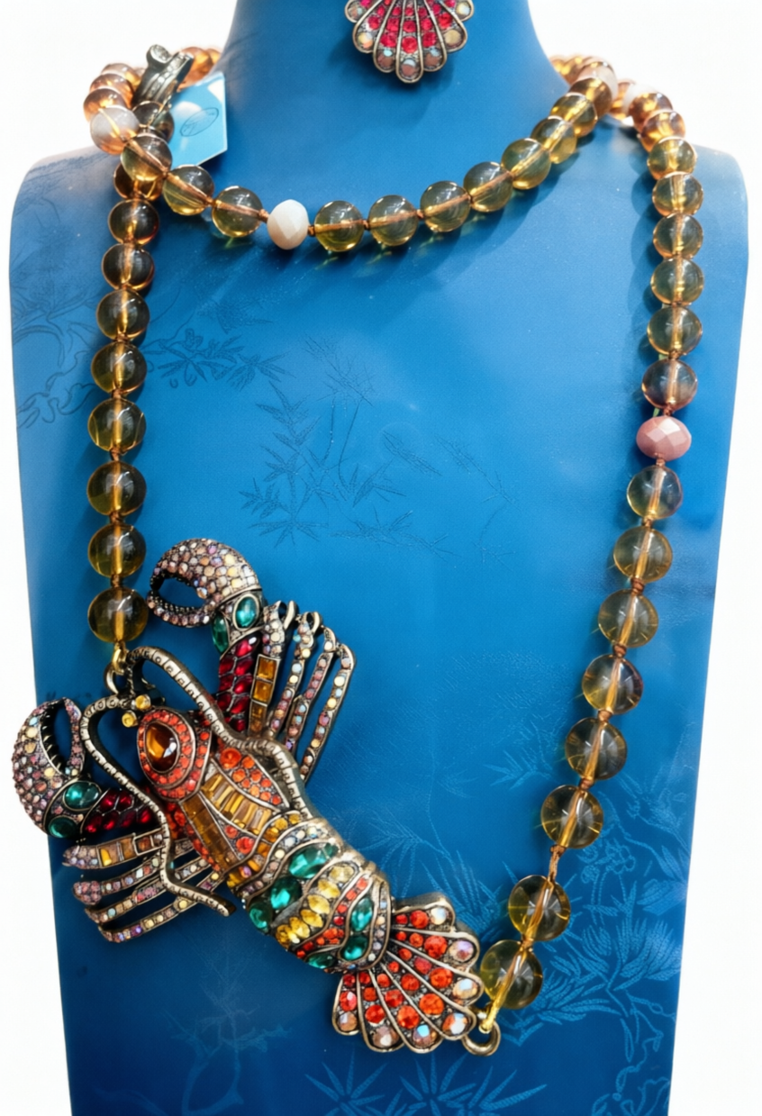 Vintage Lobster Pendant Necklace Crystal Rhinestone Statement Necklace Amber Bead Chain Necklace