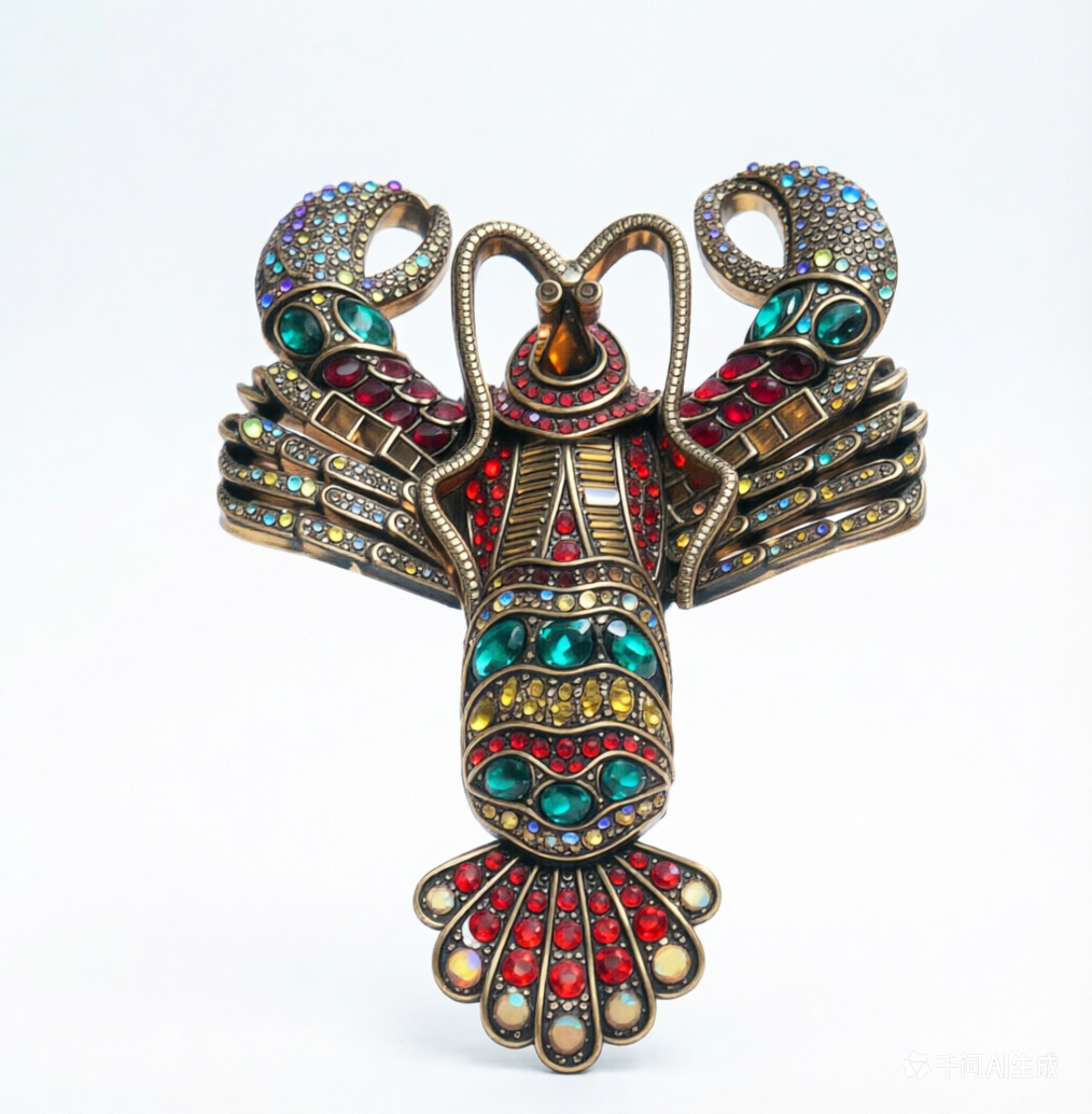 Vintage Animal Lobster Brooch Colorful Crystal Bronze Lobster Pin Large Statement Brooch